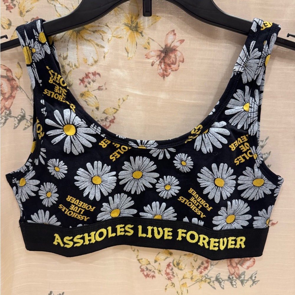 A$$holes Live Forever Sports Bra Large Black Gray Yellow Daisies